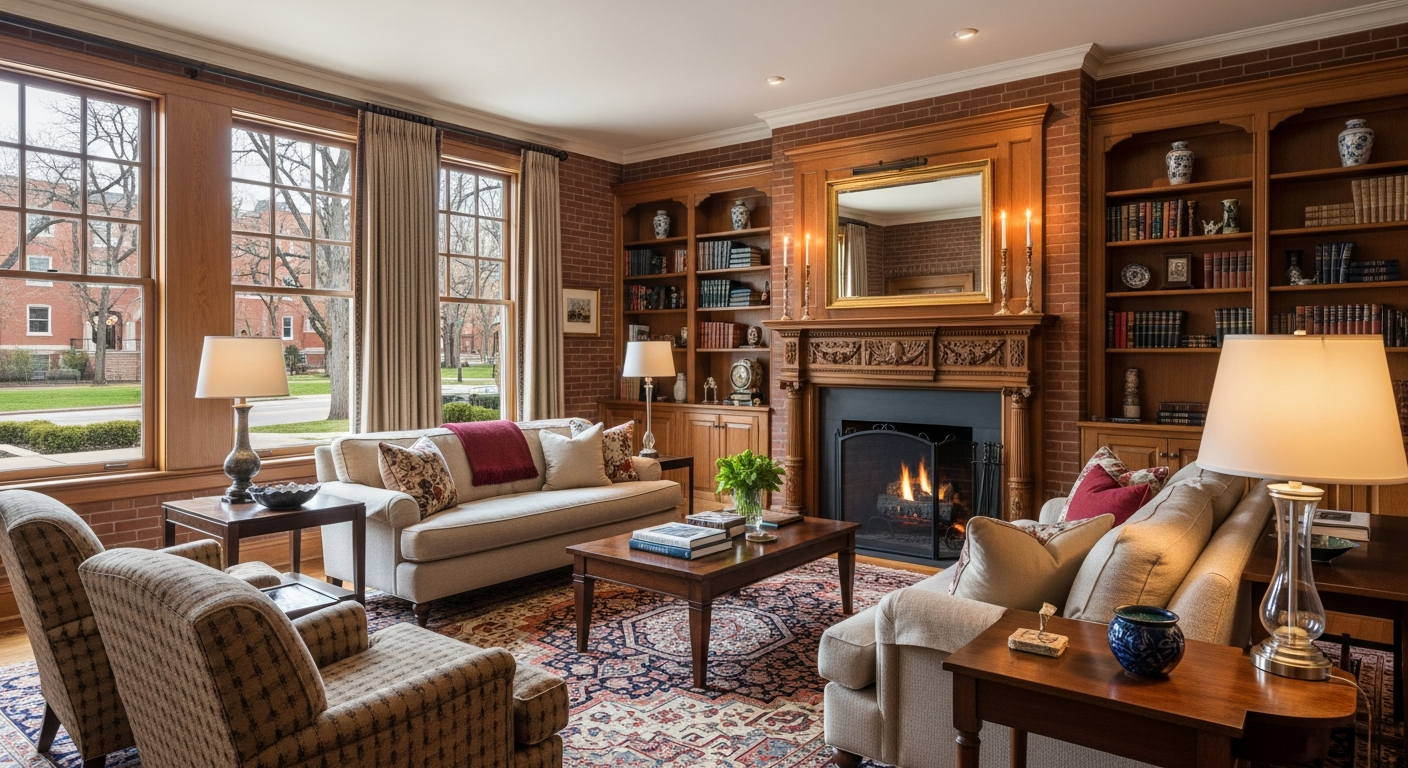 Stately traditional Denver brick home interior with warm refined furnishings